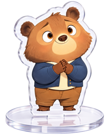 Finished two-piece acrylic stand with the character body inserted into a clear round base