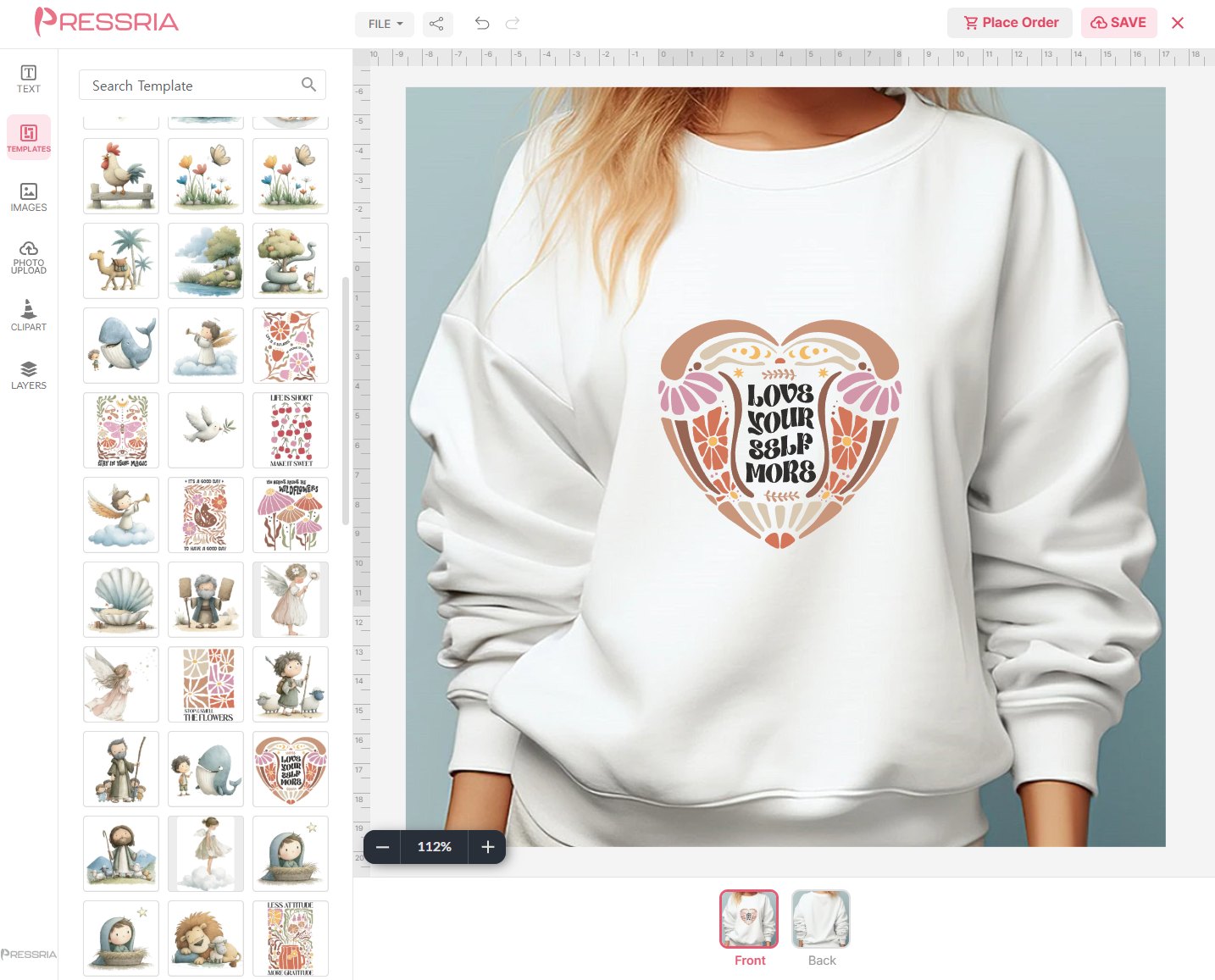 Pressria t-shirt web editor — an uploaded image placed inside the print area
