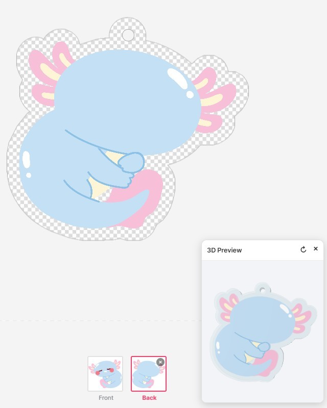 Keychain editor showing the back side - Back is selected in the page bar and the same character's back view sits inside the exact same cut line
