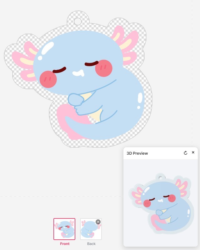 Keychain editor showing the front side - Front is selected in the page bar at the bottom and the character's front view appears on the canvas and in the 3D preview