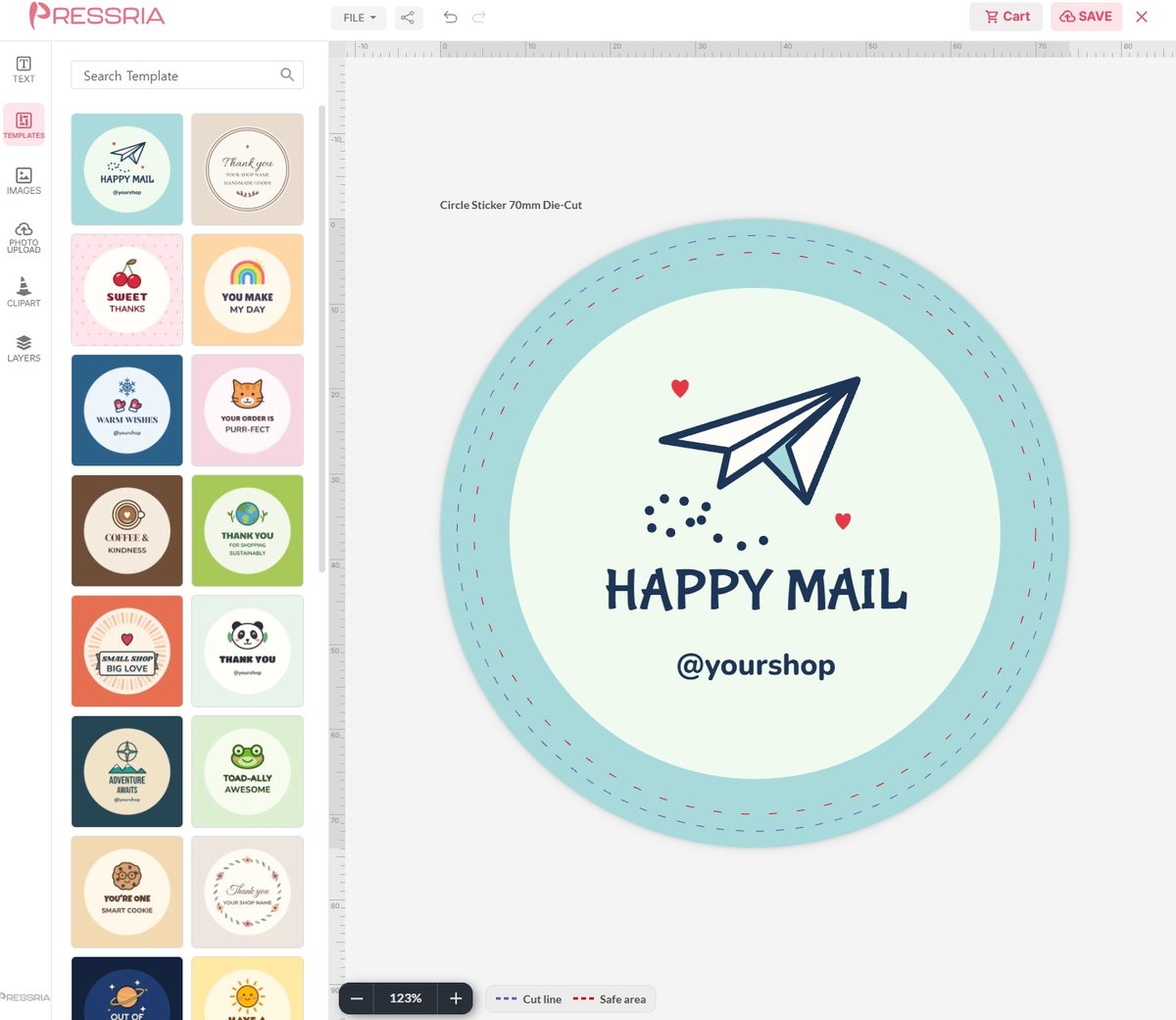 Pressria circle sticker editor (70 mm) - a 'Happy Mail' template on the canvas, with the template list on the left