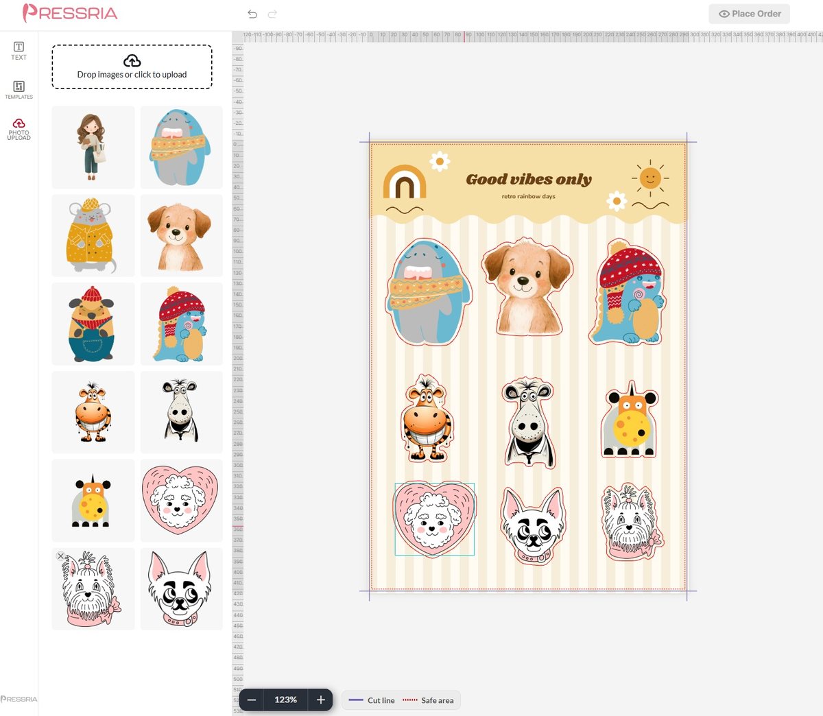 Pressria free-form sticker editor - a 'Good vibes only' sheet template with the customer's own images on it, each with its own cut line