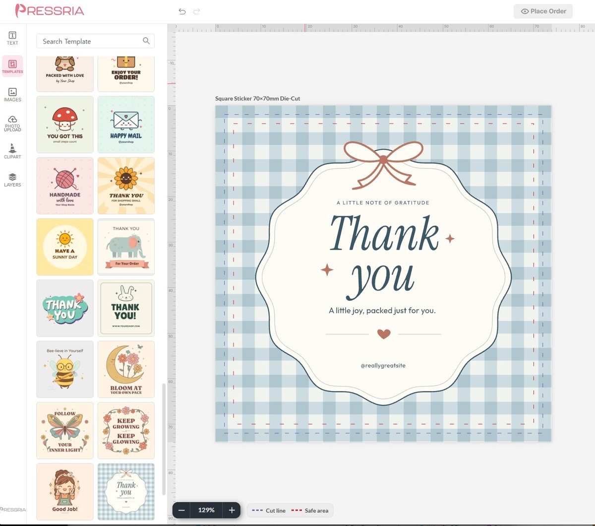 Pressria square sticker editor (70 x 70 mm) - a 'Thank you' template with cut line and safe area guides
