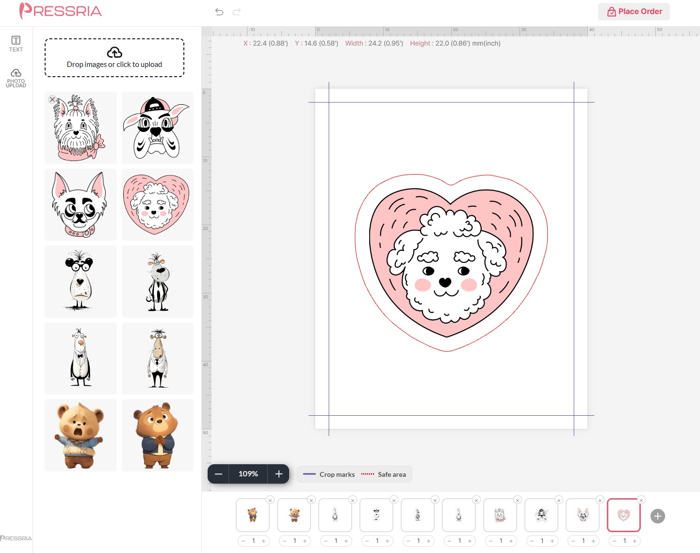 Pressria kiss-cut seal and 85x55 mm photocard sticker editor - one design per page with its own contour cut line and quantity