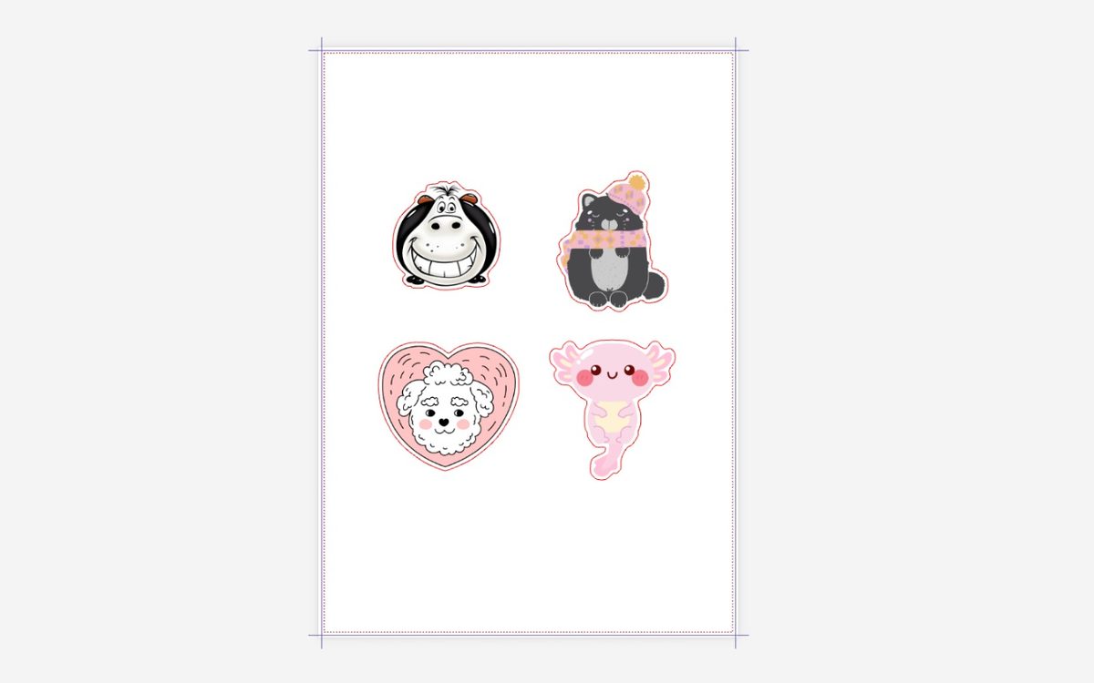 Sticker editor with four free-form die-cut stickers on one sheet, each with its own contour cut line