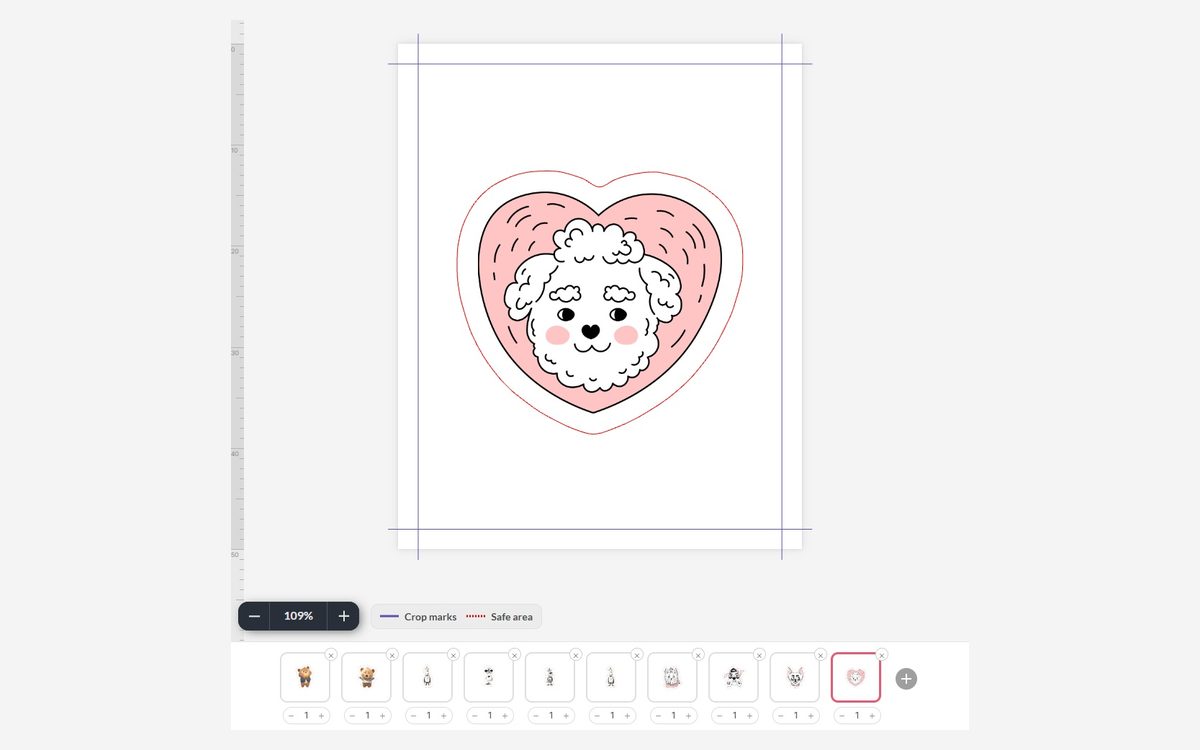 Seal sticker editor with a heart-shaped design and a page bar of ten designs, each with its own quantity
