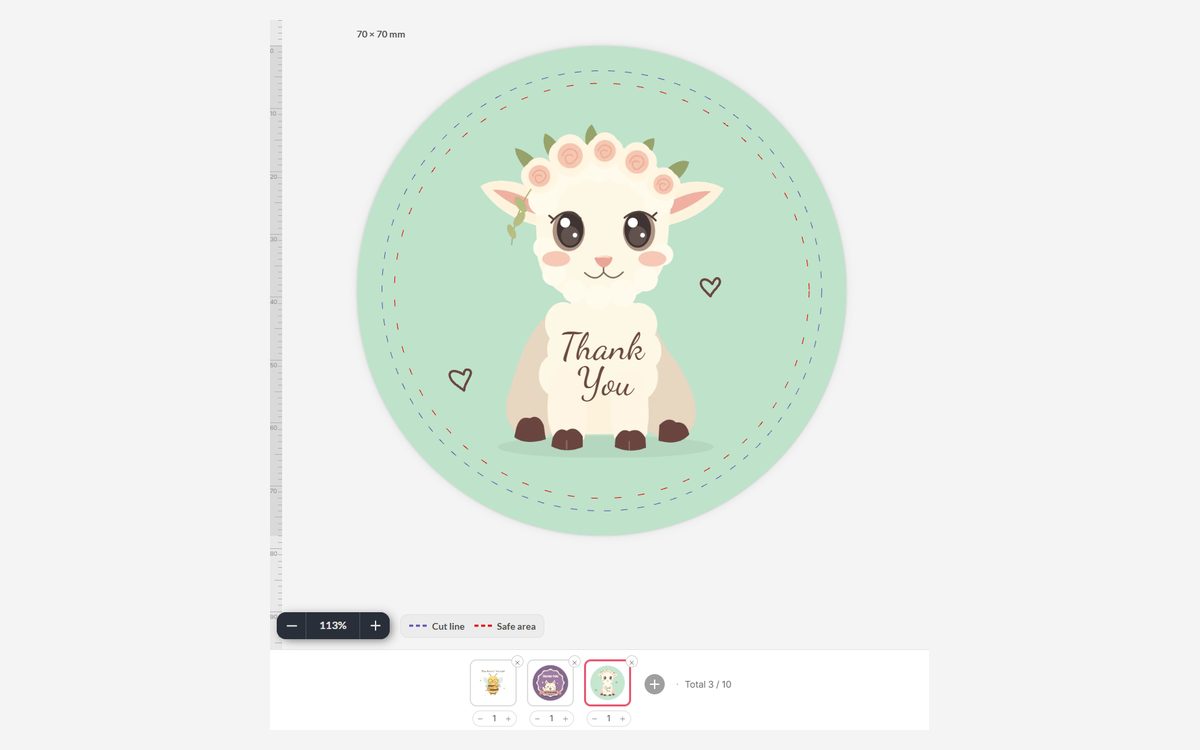 Sticker editor with a 70 mm circle kiss-cut sticker from a template, and a page bar holding three designs of a pack