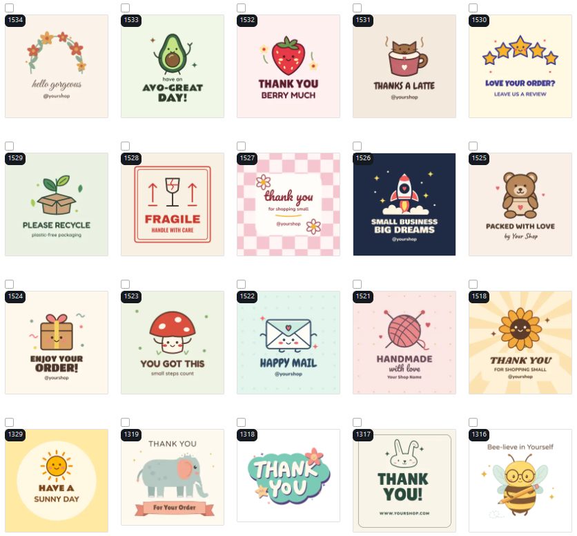 Part of the Pressria sticker template library: thank-you, packaging and greeting designs