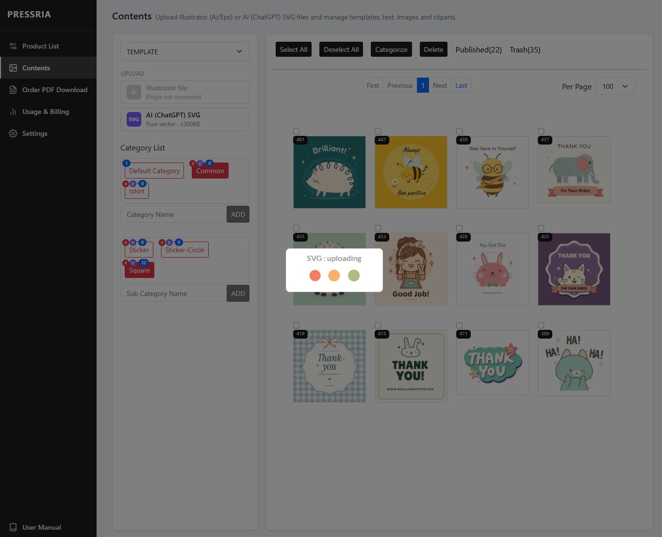 The Contents screen with the UPLOAD block showing the Illustrator file and AI (ChatGPT) SVG buttons.