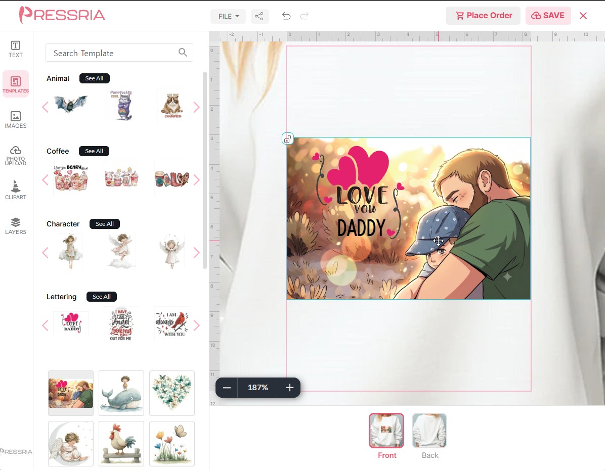 The same design opened in the customer's editor on a sweatshirt mockup, with the background locked in place and the lettering editable, the template category list on the left, and Front and Back thumbnails below the canvas.