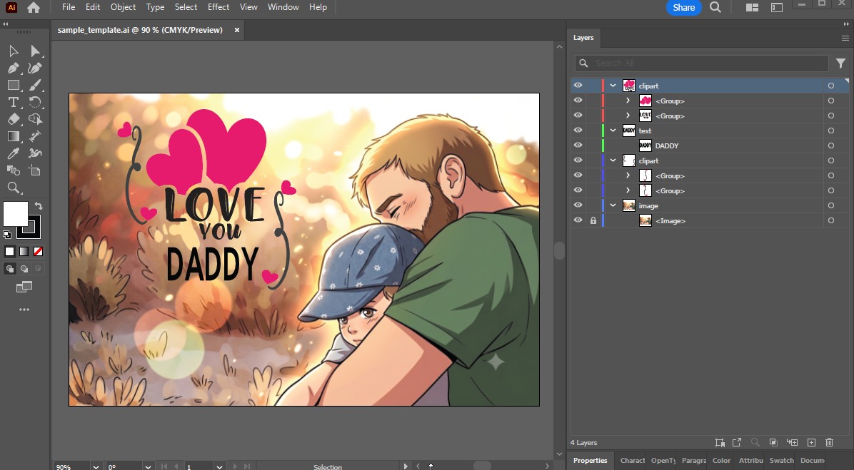 Illustrator with sample_template.ai open in CMYK preview: the Layers panel shows a clipart layer holding two groups, a text layer holding a single text object named DADDY, a second clipart layer holding two more groups, and an image layer holding one locked image.