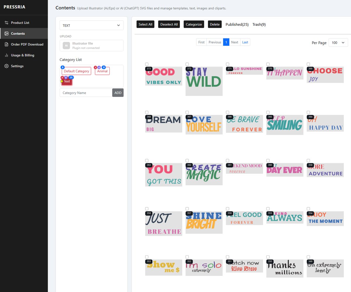 The Contents screen in TEXT mode after the upload: a Text category and a grid of numbered text items, one per group in the Illustrator file.