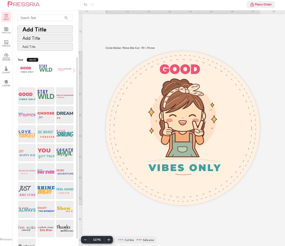 The customer's editor with the TEXT panel open: each lettering group from the file is a tile, and GOOD VIBES ONLY has been placed on a circle sticker and can be re-worded.