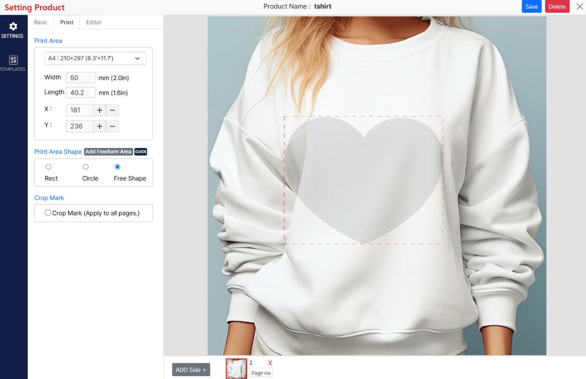 The Print tab after confirming: Free Shape is selected, Width reads 50 and Length 40.2, and a heart outline is drawn as the print area on the sweatshirt mockup.