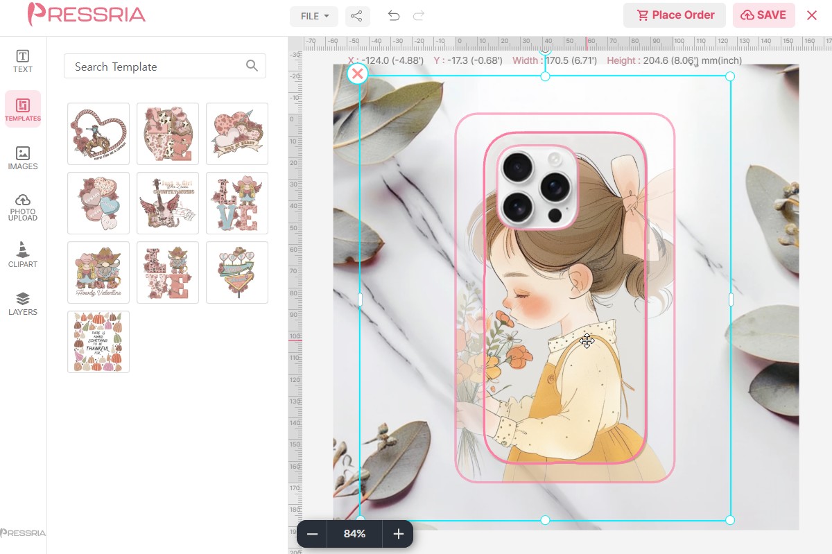 The same editor after clicking the artwork: the outlines and translucent band remain, plus a selection frame and a readout of X, Y, width and height in millimetres.