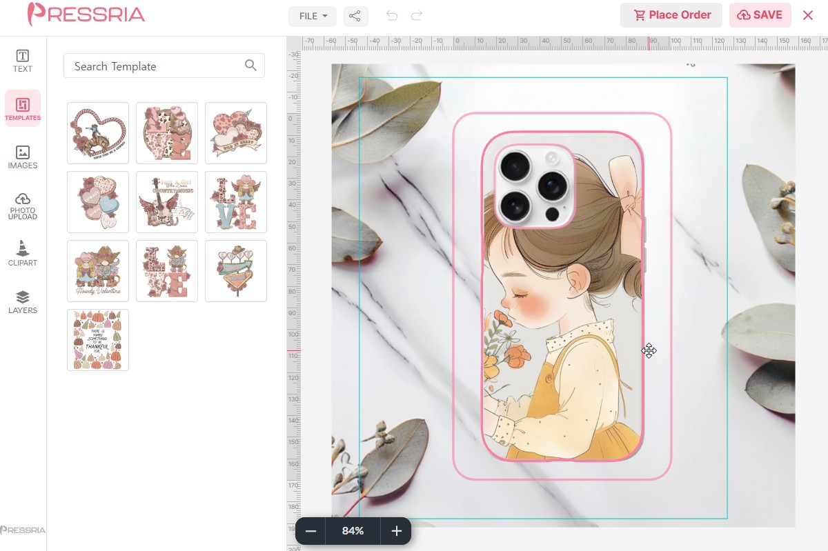 The customer's editor on hover: two pink outlines around the phone case, with the band between them shown translucent over the artwork.