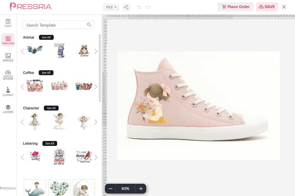 The editor showing a pink canvas high-top shoe with a customer's illustration printed on its side panel, no guide lines visible.