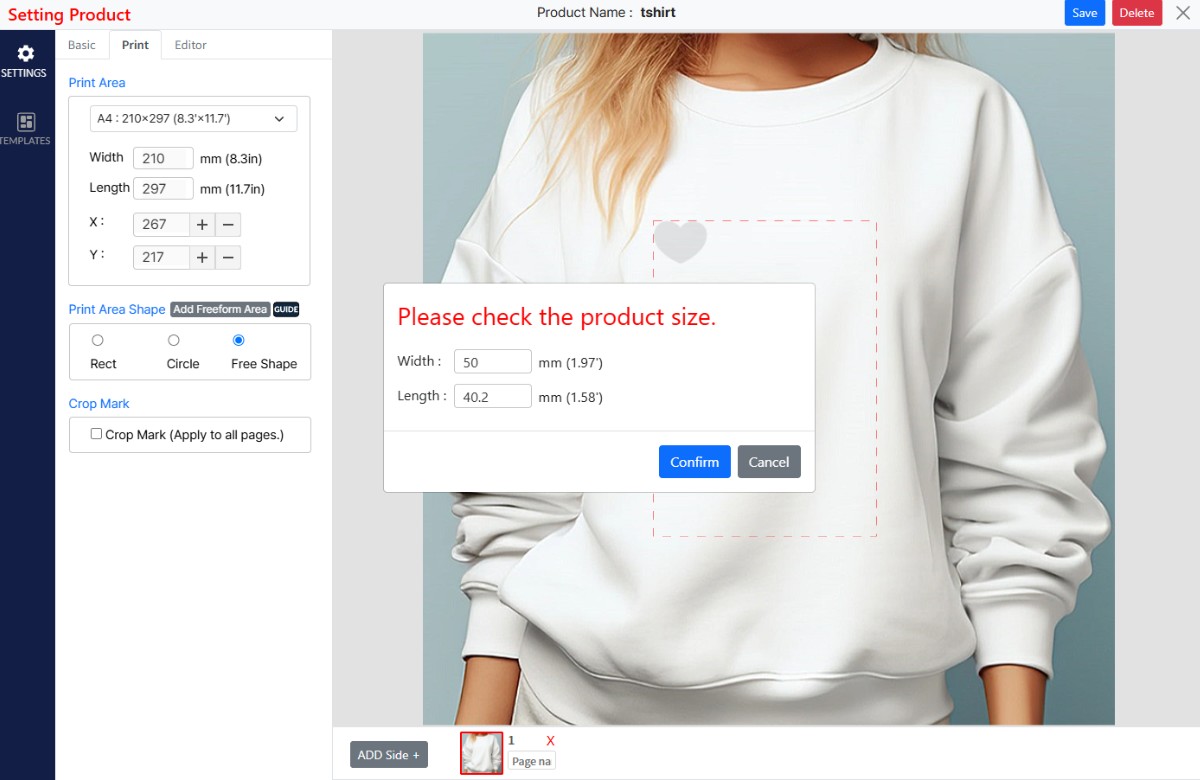 A dialog headed Please check the product size, with Width 50 mm and Length 40.2 mm in editable fields and Confirm and Cancel buttons, over the product mockup.