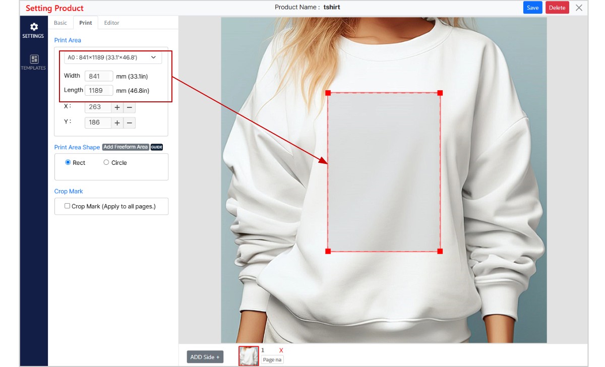 The Print tab for an A0 poster. The Width and Length fields read 841 and 1189 mm, and the print area drawn over the mockup is an ordinary rectangle.
