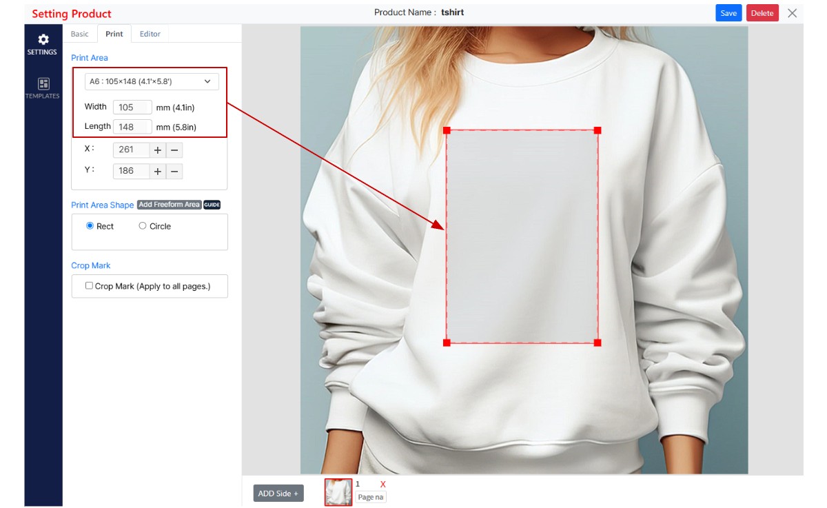 The Print tab for an A6 card. The Width and Length fields read 105 and 148 mm, yet the print area drawn over the mockup looks the same as the A0 one.