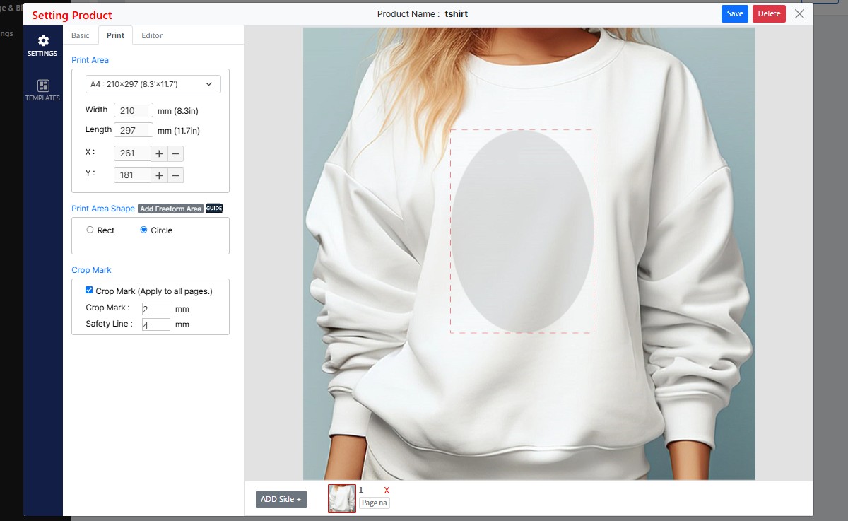 The same Print tab with Circle selected; the printable region is an ellipse inscribed in the same rectangle, taller than it is wide.