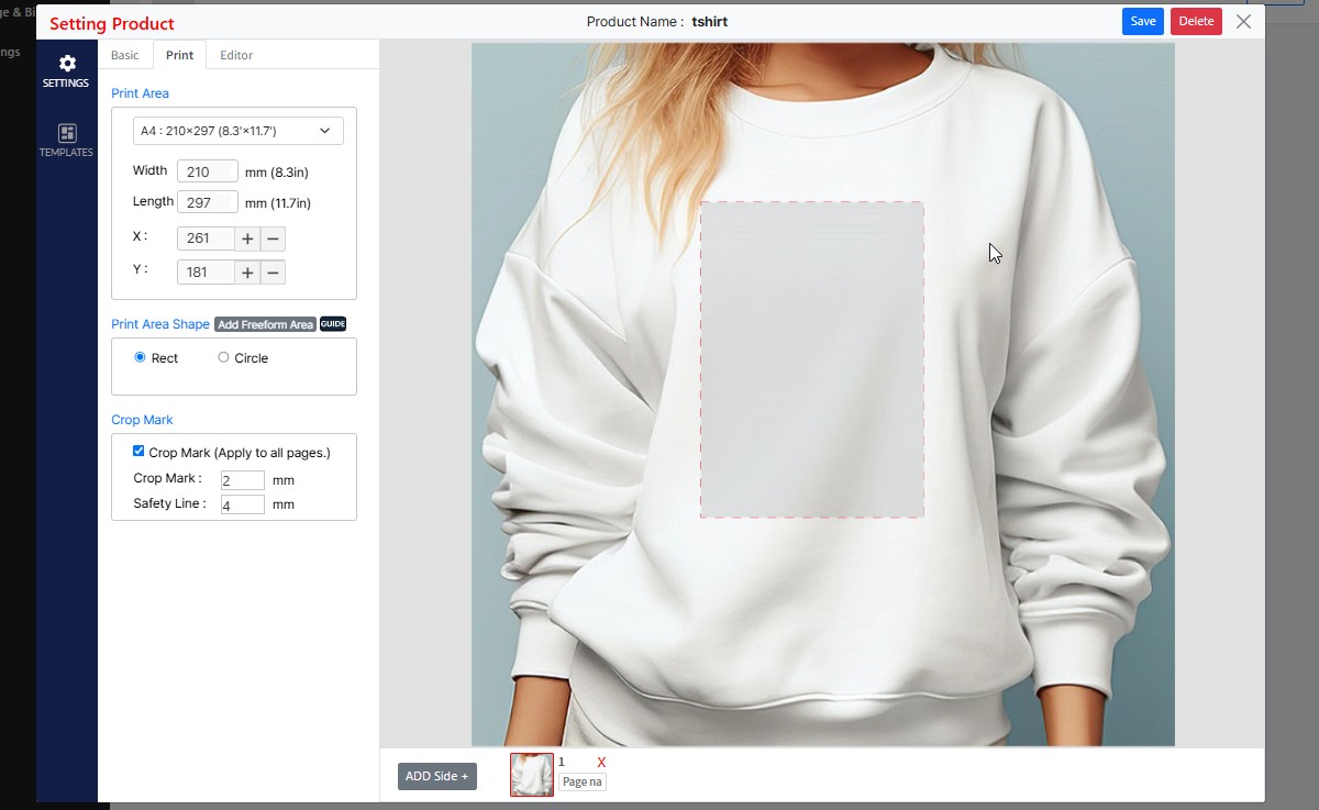 The Print tab with Rect selected; the printable region on the mockup is a rectangle matching the entered width and length.