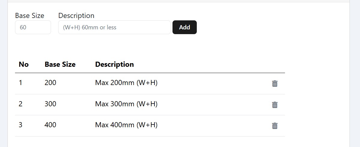 The Stand Size panel: a Base Size field and a Description field with an Add button, above a table listing 200, 300 and 400 with the descriptions Max 200mm, Max 300mm and Max 400mm (W plus H), each with a delete icon.