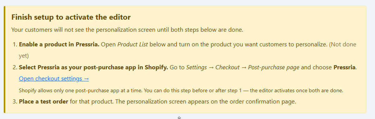 The yellow Finish setup banner at the top of the Pressria app, listing the numbered setup steps with the first marked Not done yet.