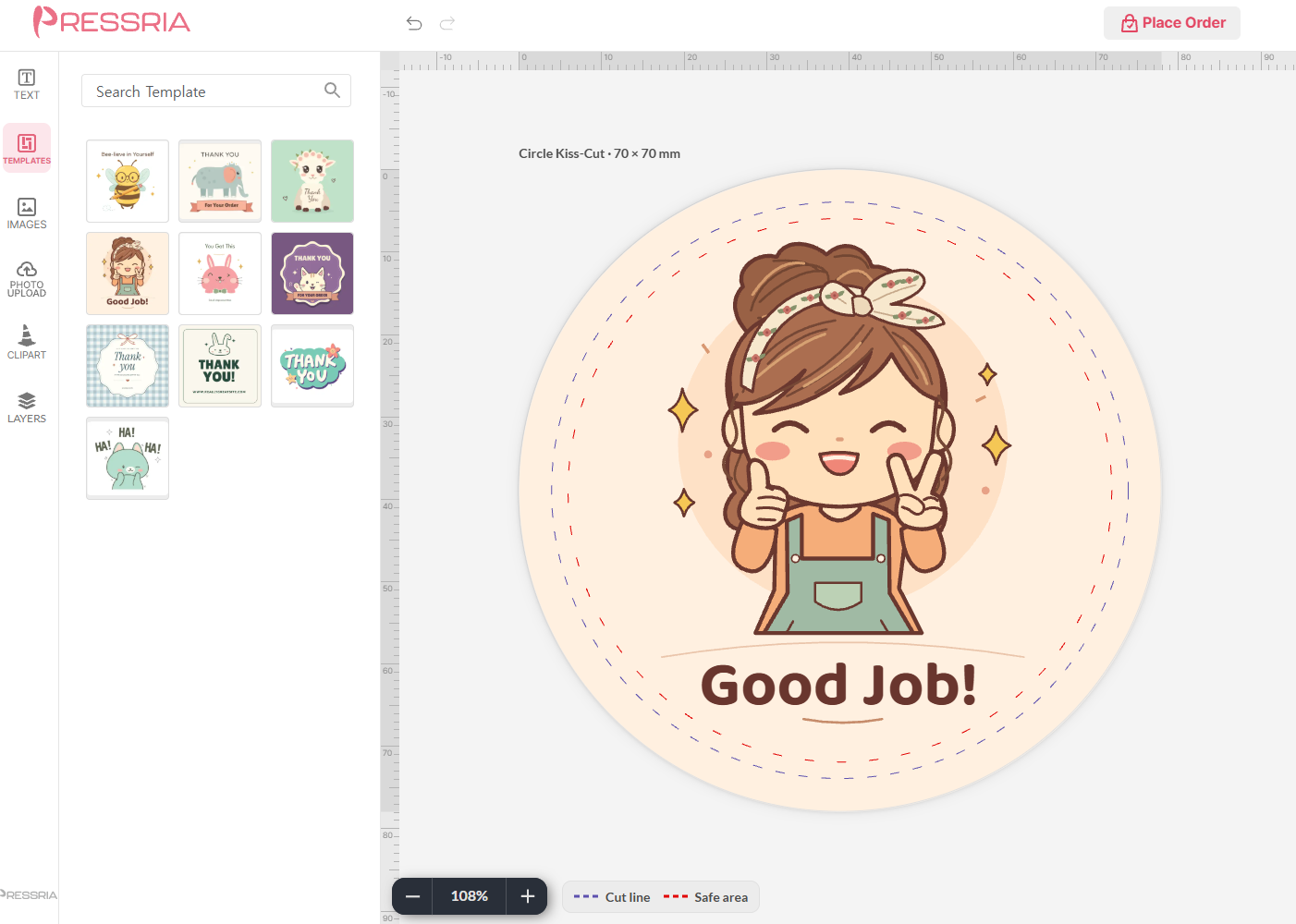 Pressria sticker editor showing a 70 mm circle kiss-cut sticker opened from a template, with its cut line and safe area guides