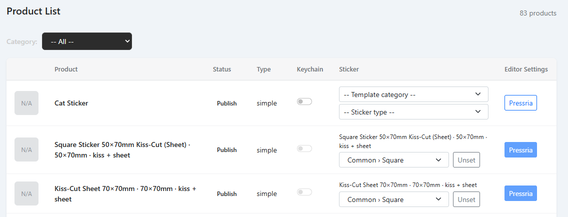 The Product List with the Sticker column. The first row has no type yet; the second shows an applied type with its size and cut, its template category, and Unset.