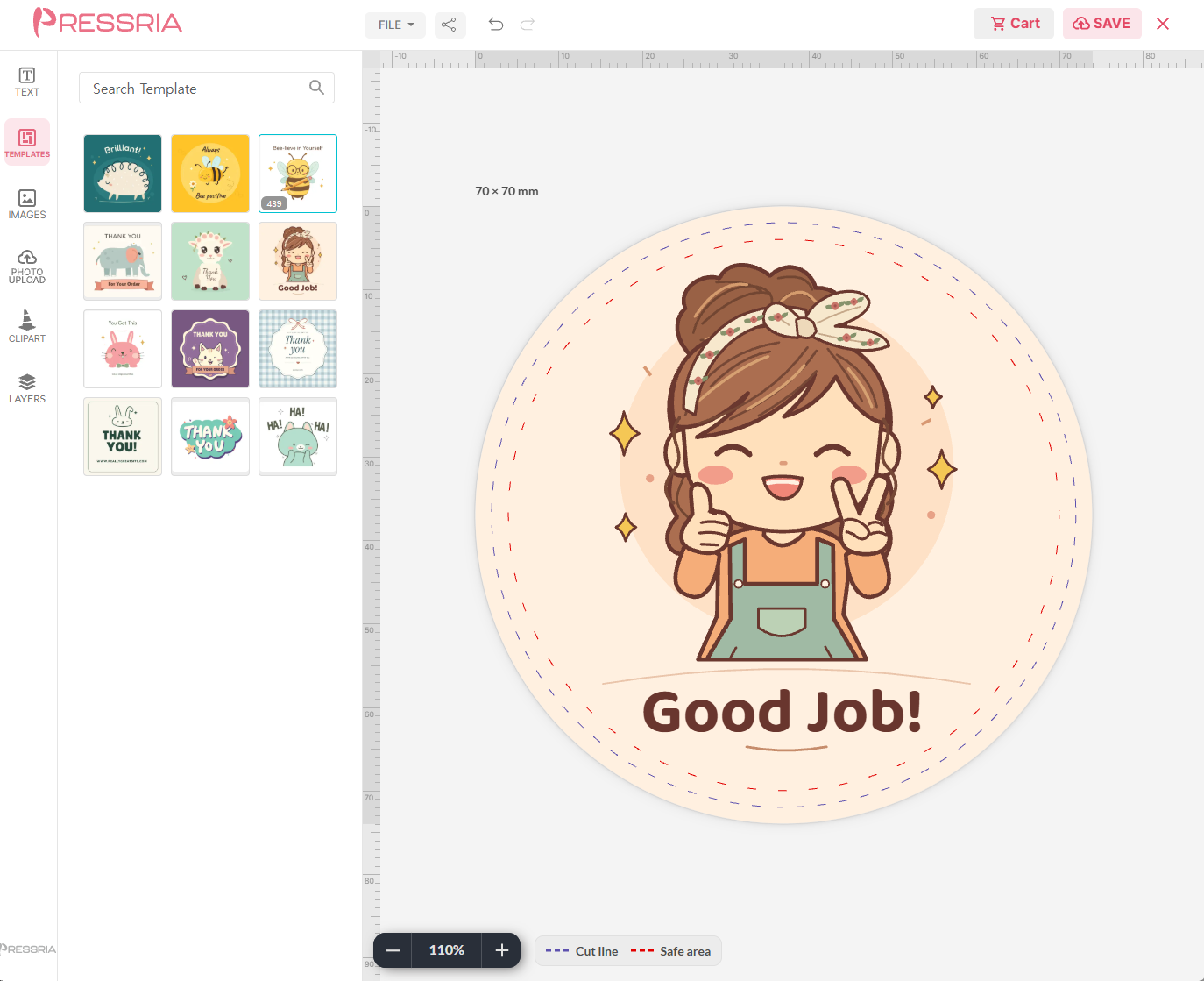 The shape sticker editor showing a circular cut guide with a smaller safe-area circle inside it.